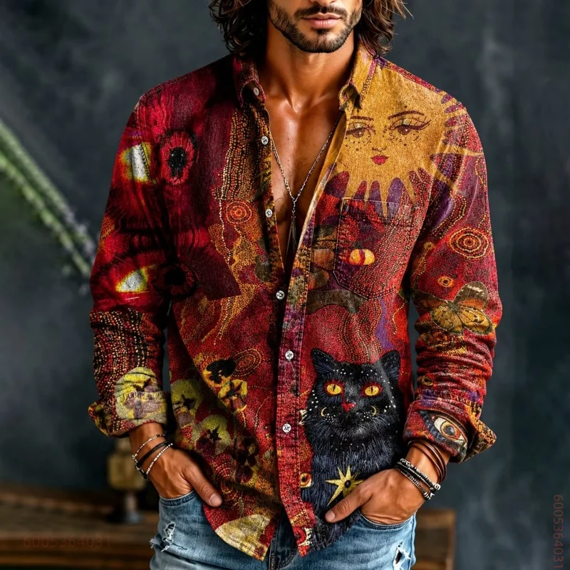 Men's long sleeved shirt, ethnic totem full printed top, versatile casual loose shirt for daily commuting, gatherings, vacations