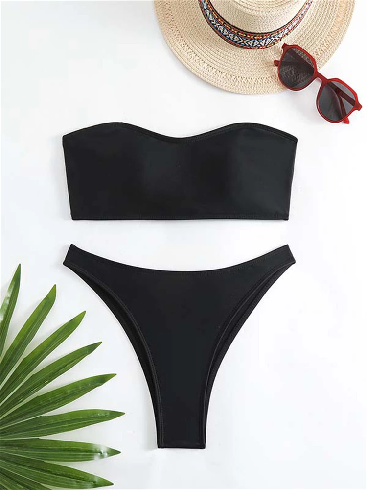 

Bikini Women Swimsuit 2024 New Black Bandeau Bikinis Set Sexy Thong Swimwear Summer Two Piece Beach Wear Bathing Suit For Female