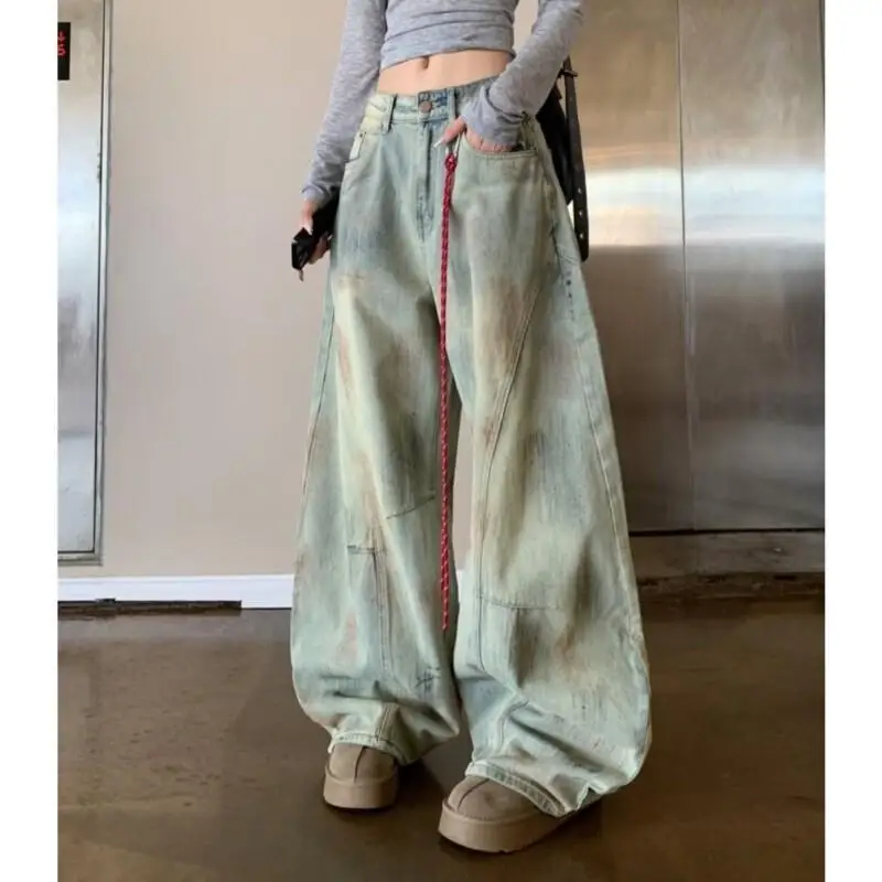 

Женские брюки Джинсы Dirty Wash Винтажные джинсы Мужчины Женщины Американский ретро Vibe Прямые свободные мешковатые широкие длинные брюки Милые каваи