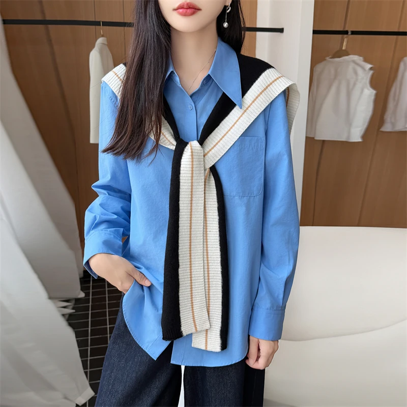 100% Merino Wool Sweater Autumn Winter Color‑Block Striped Shoulder Knit Shrug Soft Stylish Layering Decorative Shoulder Wrap