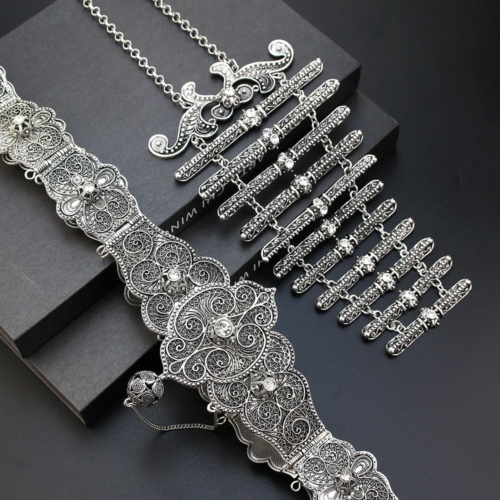 مجموعة ألواح صدرية بحزام قوقازي أنيقة مجوهرات زفاف العروس التركية لون ذهبي عتيق حزام لؤلؤ كريستالي أحمر وأخضر #4