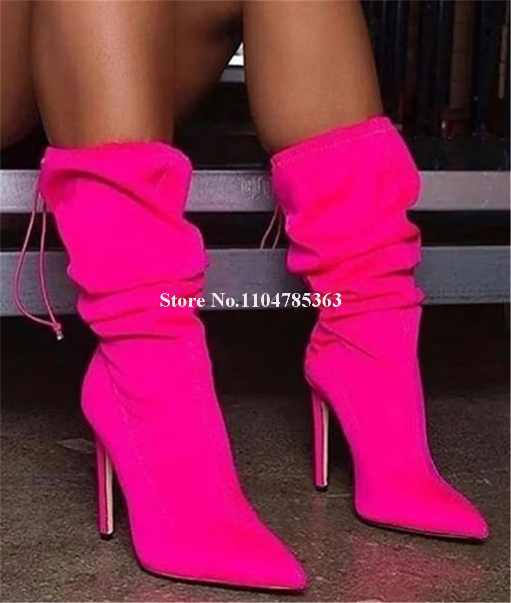 

Fashion Pink Blue Black Beige Suede Stiletto Heel Mid-calf Boots Sexy Pointed Toe Thin Heel Short Boots