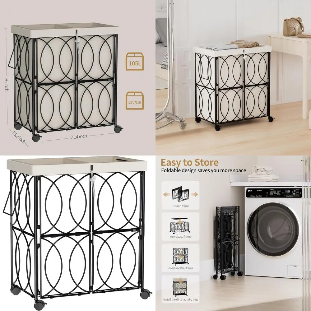 Großer 105L VIPLEO Rollender Wäschekorb, 2-teiliger Metallkorb mit abnehmbaren Taschen, robuster Organizer für Kleidung (Beige)