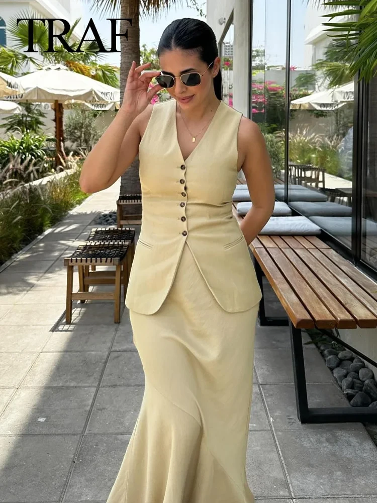 TRAFZA Women Vest Skirt Sets Female Khaki Long Blazer Vest V Neck Sleeveless Slim Top+Elegant High Waist A Line Skirt Suit TRAF