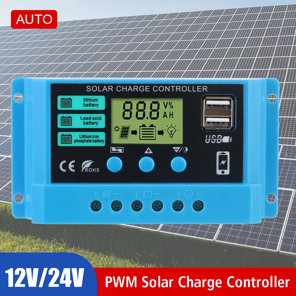 Solar Controller Solar Regulator 30A 20A 10A Auto LCD Display PWM Battery Charger 12V/24V 5V Output Dual USB