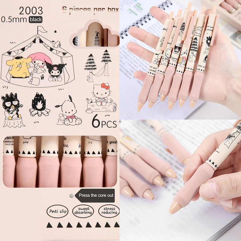 6Pcs Sanrio Gel Pen Hello Kitty Kuromi Cartoon Quick Drying Black 0.5mm Press The Ballpoint Pen Learning Stationery Gifts