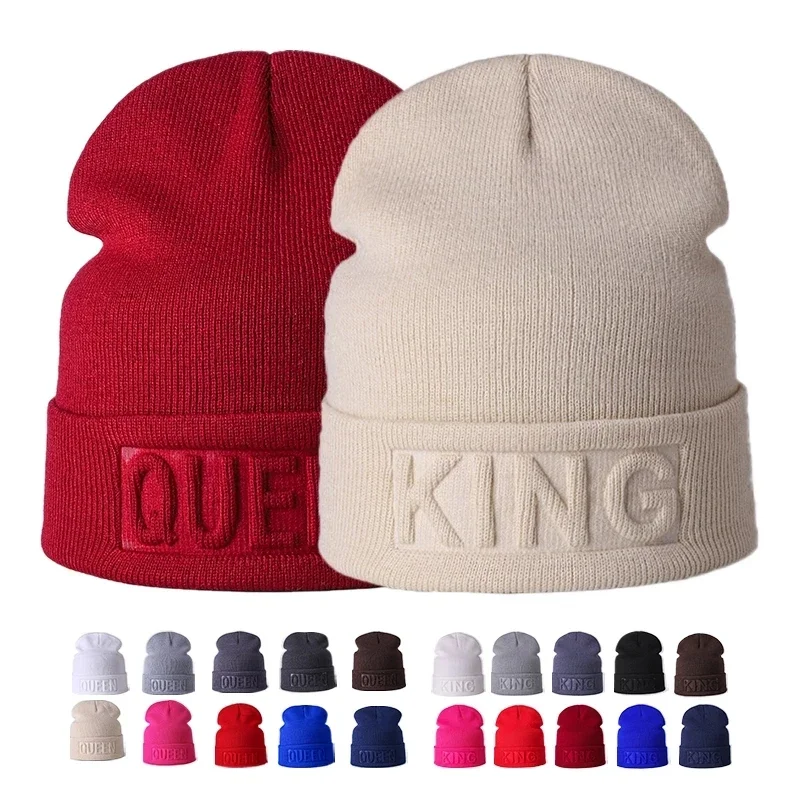 Winter Hat King Queen Beanies Fashion Hip Hop Couples Cap Casual Solid Hat Men Woman Warm Knitted Beanie Ski Skullies Bonnet