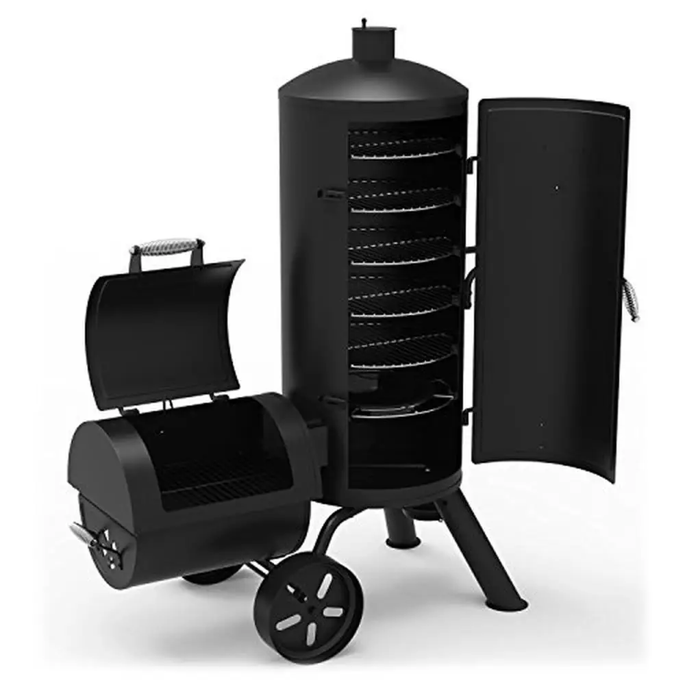 Vertical Offset Charcoal Smoker Grill 1382sq in Cooking Space Stainless Steel Smoke Zone Gauge Cool-Touch Handles Mobile Wheels