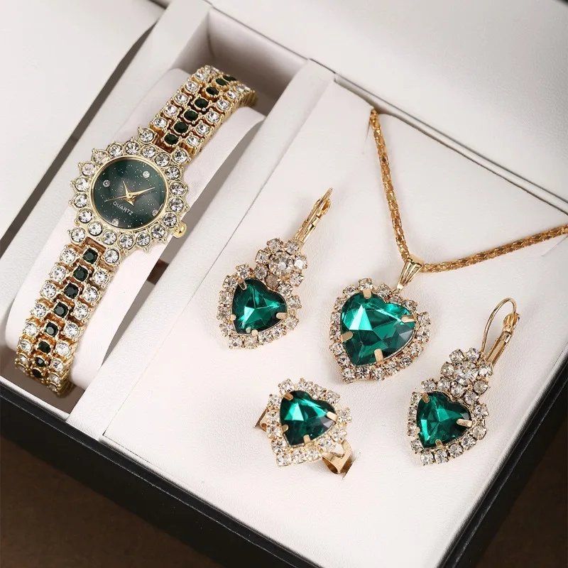 5pcs/set Women's Watch Luxury Rhinestone Gold Bracelet Watch Exquisite Small Round Flowers Dial Ladies Wristwatch Gifts