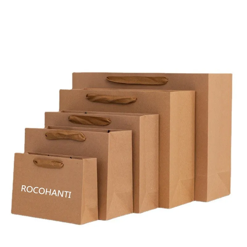 25pcs Wholesale Custom Logo Printed Grocery Packaging Craft Brown Kraft Paper Shopping Bag with Handle