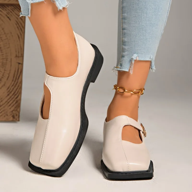 النمط الفرنسي موضة كل مباراة حذا فردي للسيدات 2025 ربيع جديد لونين ساحة تو الفم الضحلة كعب مربع حذاء مسطح حجم كبير #3