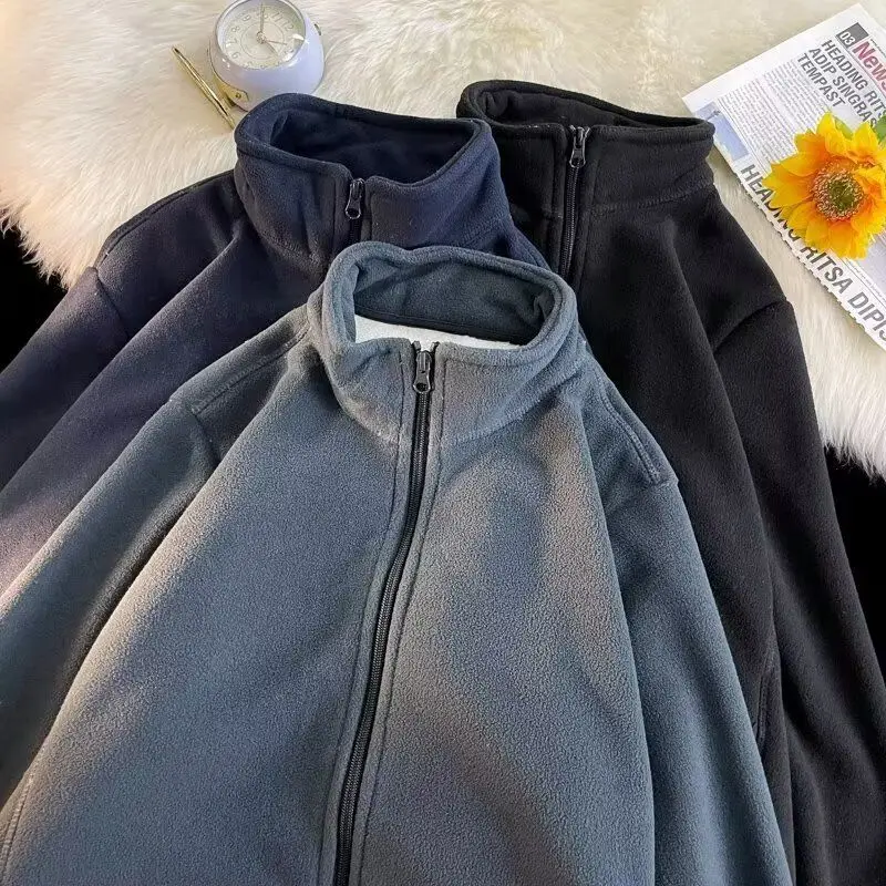 American Style Fleece Lined Thickened Jacket Men's Stand Collar Open Cardigan Warmth Outerwear Polyester Winter Coat