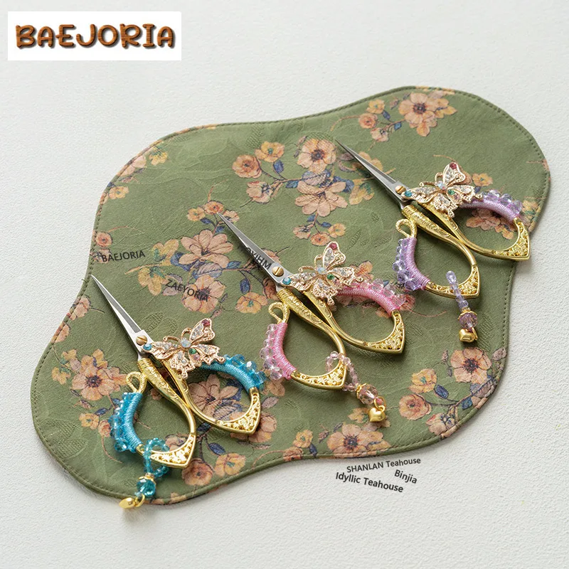 BAEJORIA Hand Woven Butterfly Word Pendant Tea Bags Scissors Embroidery Cutting Sewing Tailor Shears Handcraft DIY Household Cha