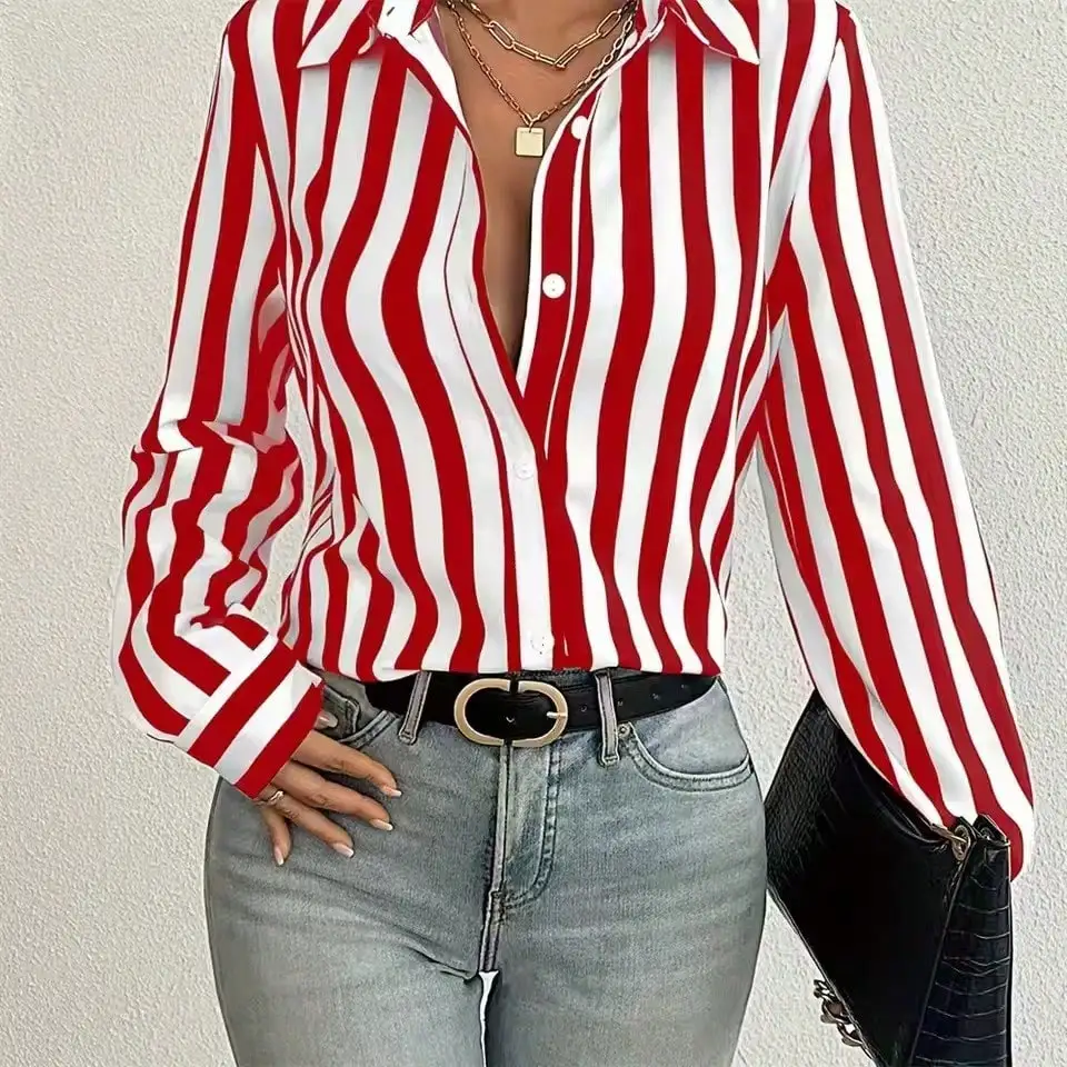

Women Red And White Striped Long Sleeve Single Breasted Casual Shirt