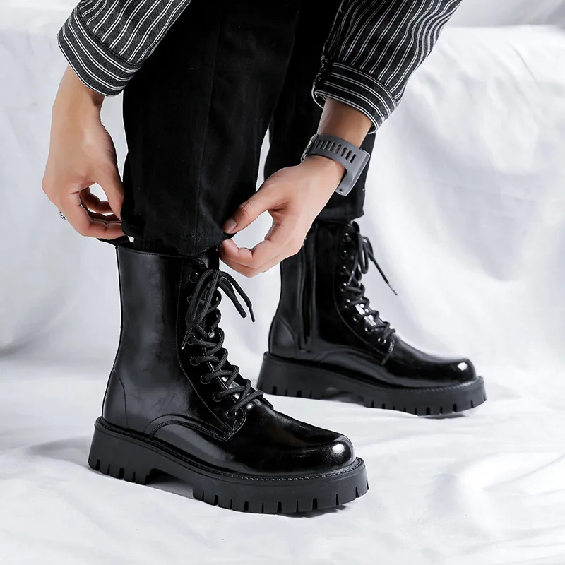 italian brand designer men's fashion patent leather boots black stylish platform shoes lace-up cowboy boot high botas masculinas