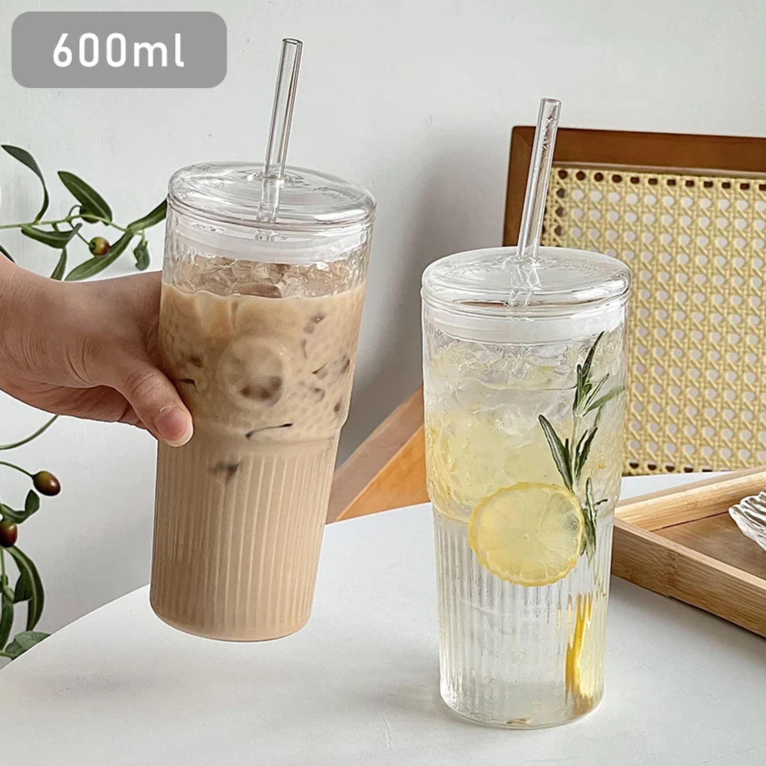 600ml Glass Cup Milk Coffee Cup with Lid and Straw Transparent Stripe Water Cup Mug Drinking Glasses Juice Tea Cup Drinkware