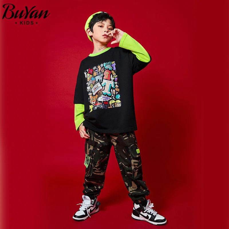 Vêtements tendance pour enfants, style Hip hop, pull à col rond, pantalon de camouflage ample pour filles et garçons