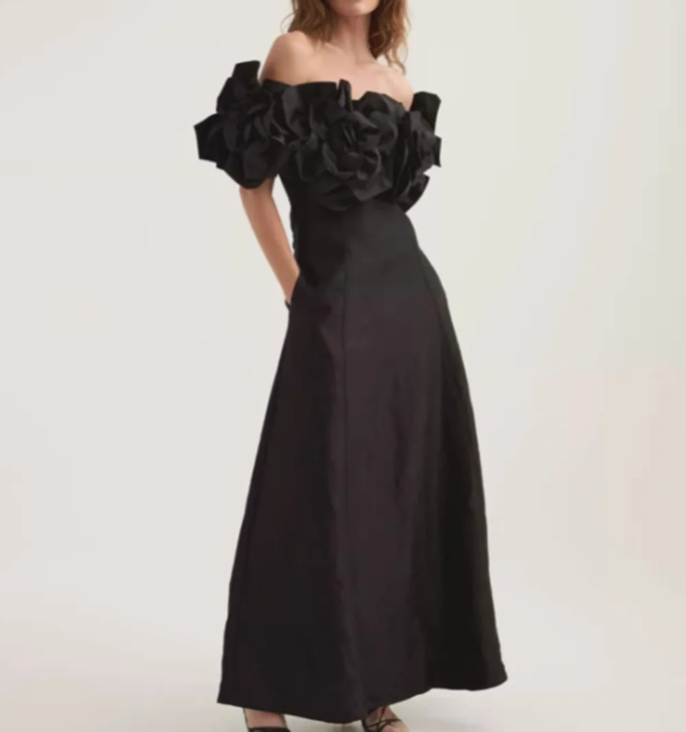 LISM moda mujer vestido de noche sin tirantes patchwork 3D flor color sólido elegante vestidos de fiesta 2024 otoño nuevo