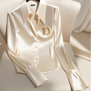 Schlampenhemden und Blusen mit Satin -Finish, OL, Büro, Langarm, Knopf, elegant 12 Hauptverkäufe Nude Seidenbluse - №7