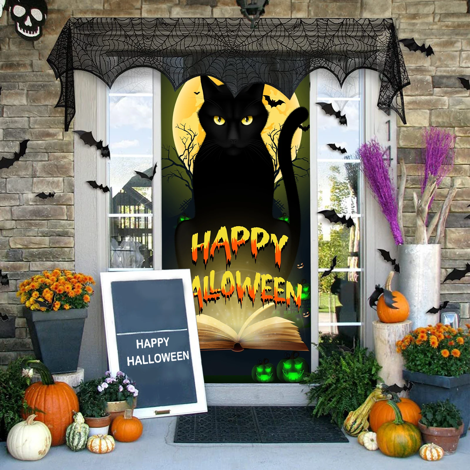 Halloween Black Cat Door Banner, Scary Cat Halloween Door Cover Halloween Door Decorations Trick or Treat Halloween Party Banner