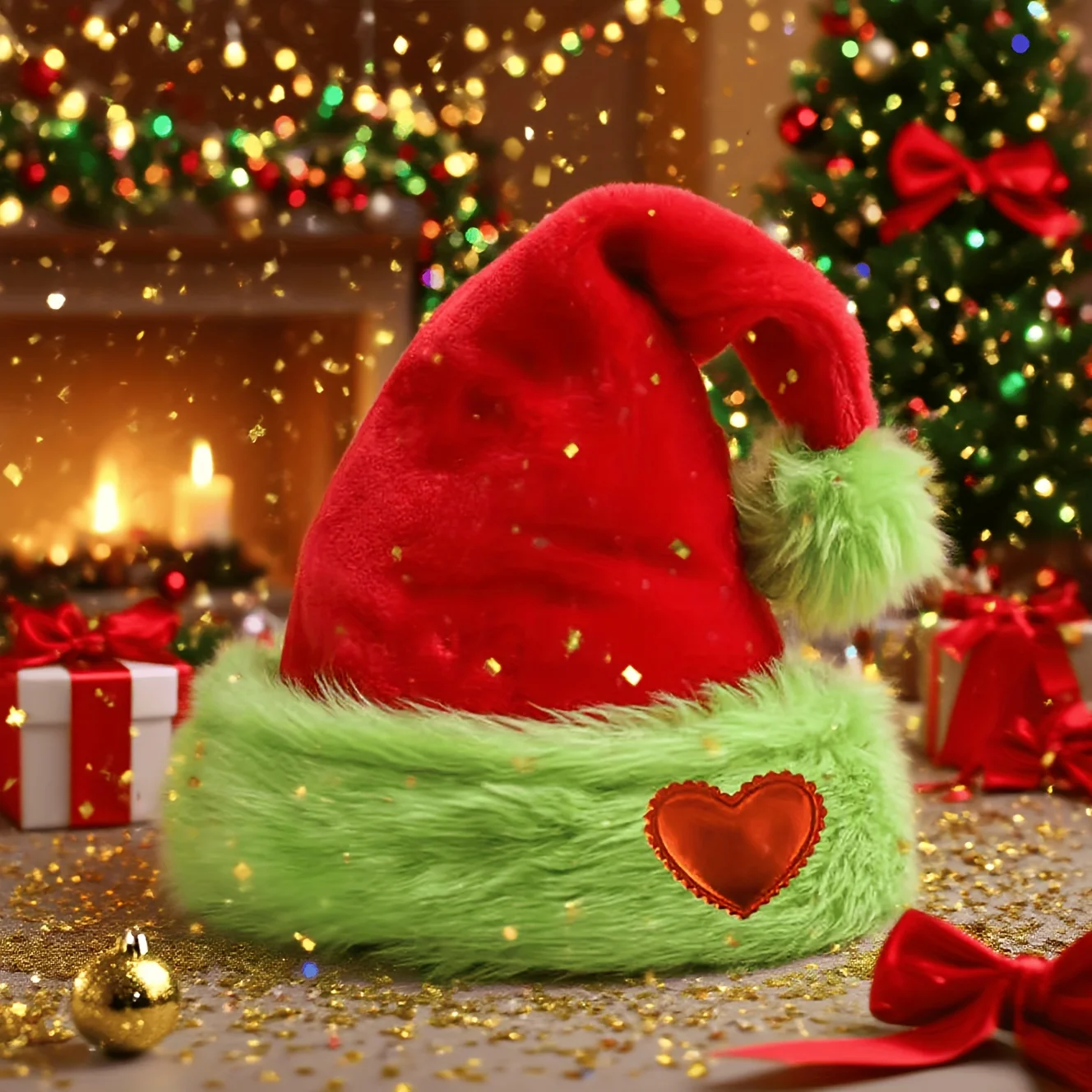 Weihnachtsmannmütze, Goldglitzer-Samtmütze mit Grünem Kunstfellbesatz, Rote Herz-Applikation Bommel Feiertagsmütze für Damen und Herren – Detail 2