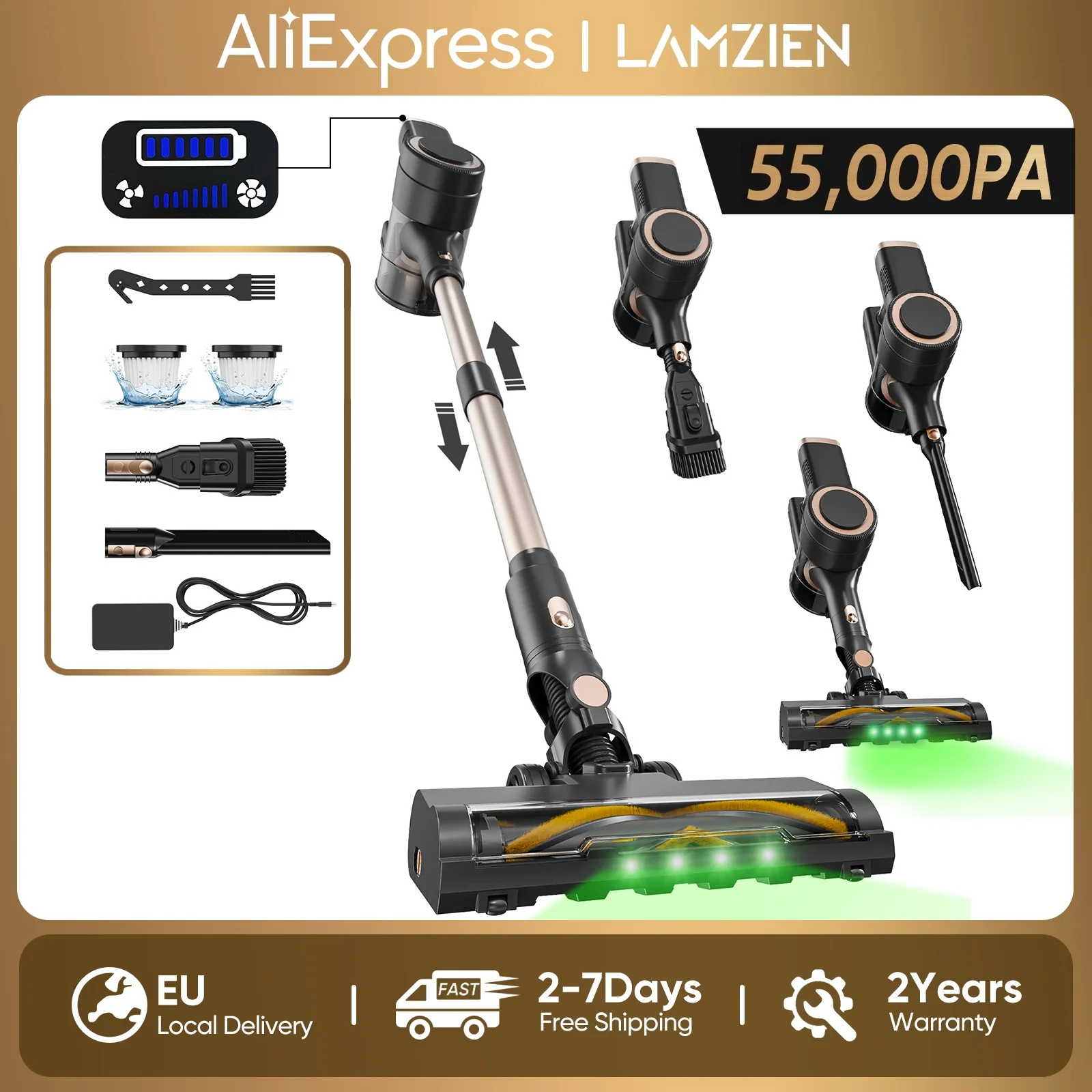 Aspirateur sans fil LAMZIEN V8MAX, 55000PA/45 min d'autonomie, filtration HEPA efficace, avec phare LED vert, brosse anti-emmêlement en forme de V pour sols durs, tapis et poils d'animaux