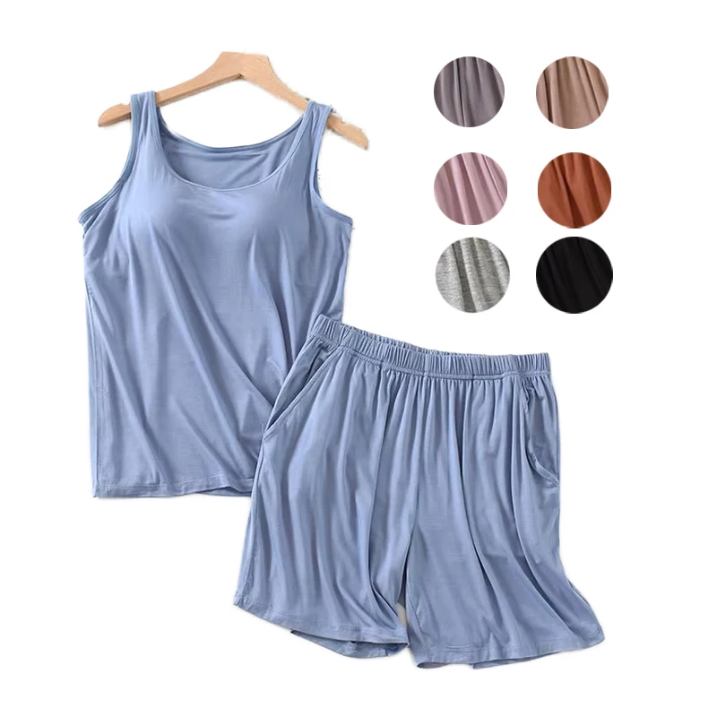Summer Women's Pajamas Set Modal Cotton Vest Shirt Shorts 2 Pieces Suit Bra Padded Soft Sleepwear Slim Student Nightwear Pijama