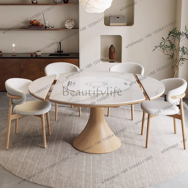 Medieval rock slab dining table 2025 new built-in induction cooker solid wood telescopic folding