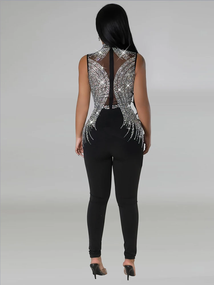 Women's Sexy Mesh patchwork Solid Color Sleeveless Round Neck Tight Fitting Diamond Studded Jumpsuit For Nightclubs and Parties