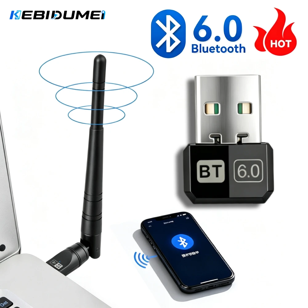 KEBIDUMEI 200m USB Bluetooth 6.0 Adapter Dongle for PC Wireless Mouse Keyboard Music Audio Receiver Transmitter BT Adapter