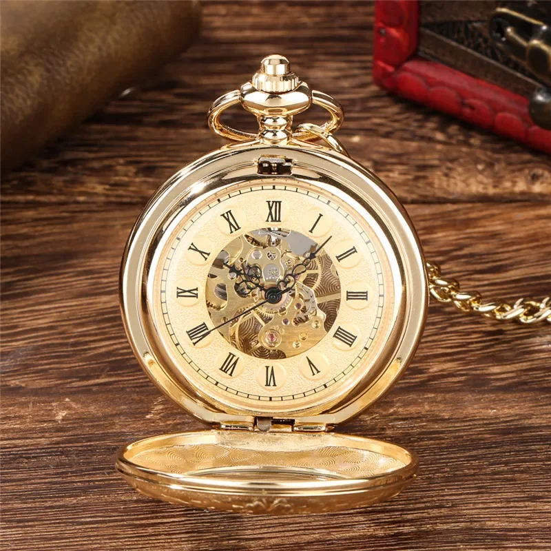 Luxury Yellow Golden Double Hunter Men Handwinding Mechanical Pocket Watch Roman Number Dial with Pendant Chain Timepiece Gift