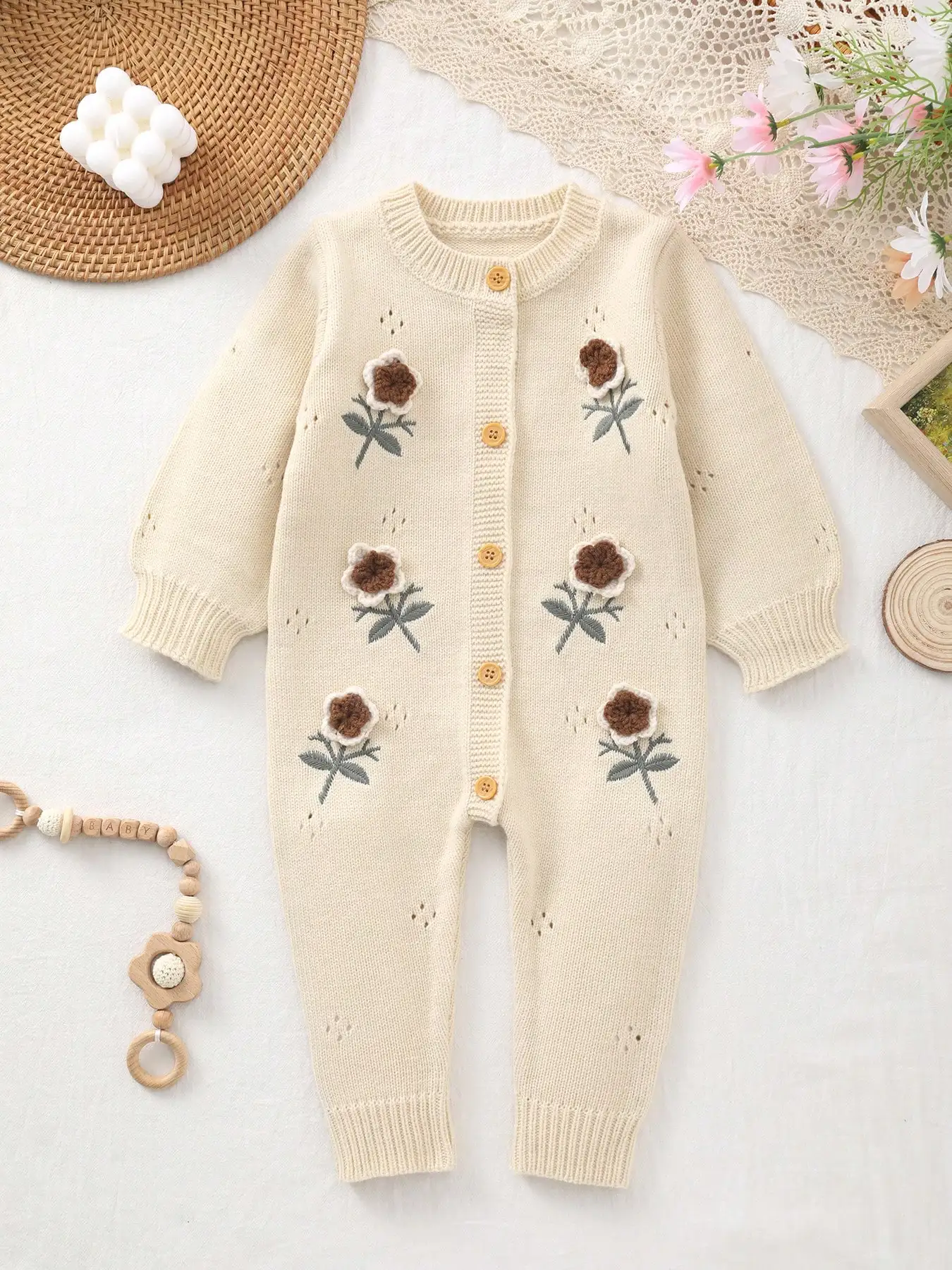 Newborn 3D Crochet Knitted Romper for Baby Girls, Spring and Autumn Long Sleeve Cardigan, Baby Hollow Out Sweater, Outdoor Crawling Outfit