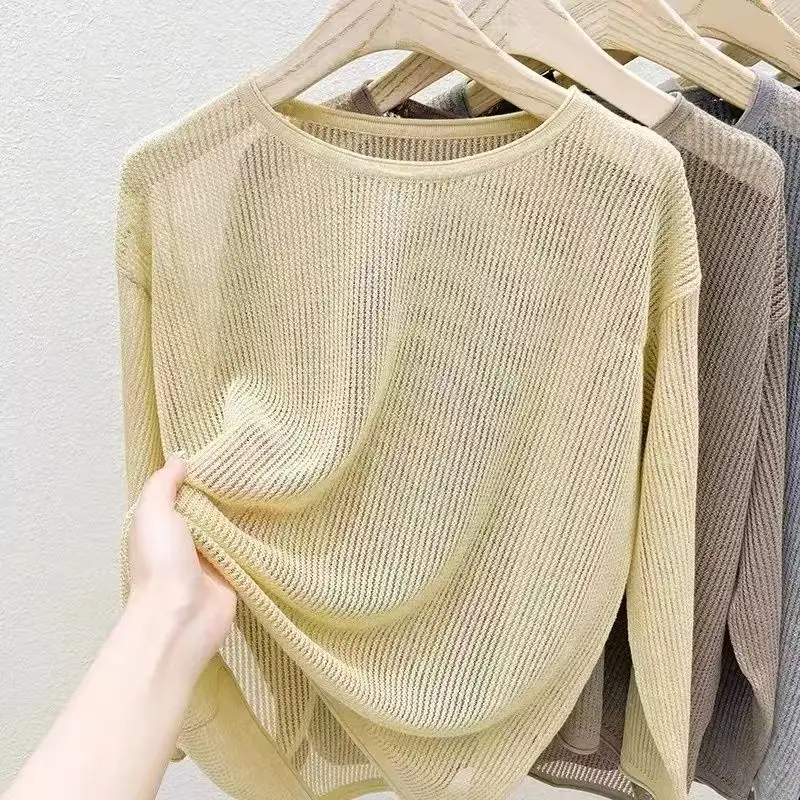 

Женская летняя новинка 2024, свободный вязаный топ из ледяного шелка, легкая рубашка с длинными рукавами и защитой от солнца, верхняя одежда