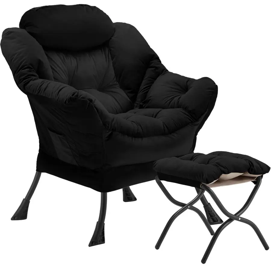 

Chair with Folding Ottoman, Accent Chair Velvet Upholstered with Metal Structure and NonSlip Pads, Sofa Armchair with Footrest