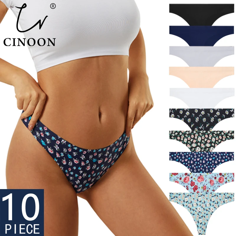 CINOON 10PCS/Set Sexy Print Lingerie Temptation Low-waist Panties Thong No trace Breathable Underwear Female G String Intimates