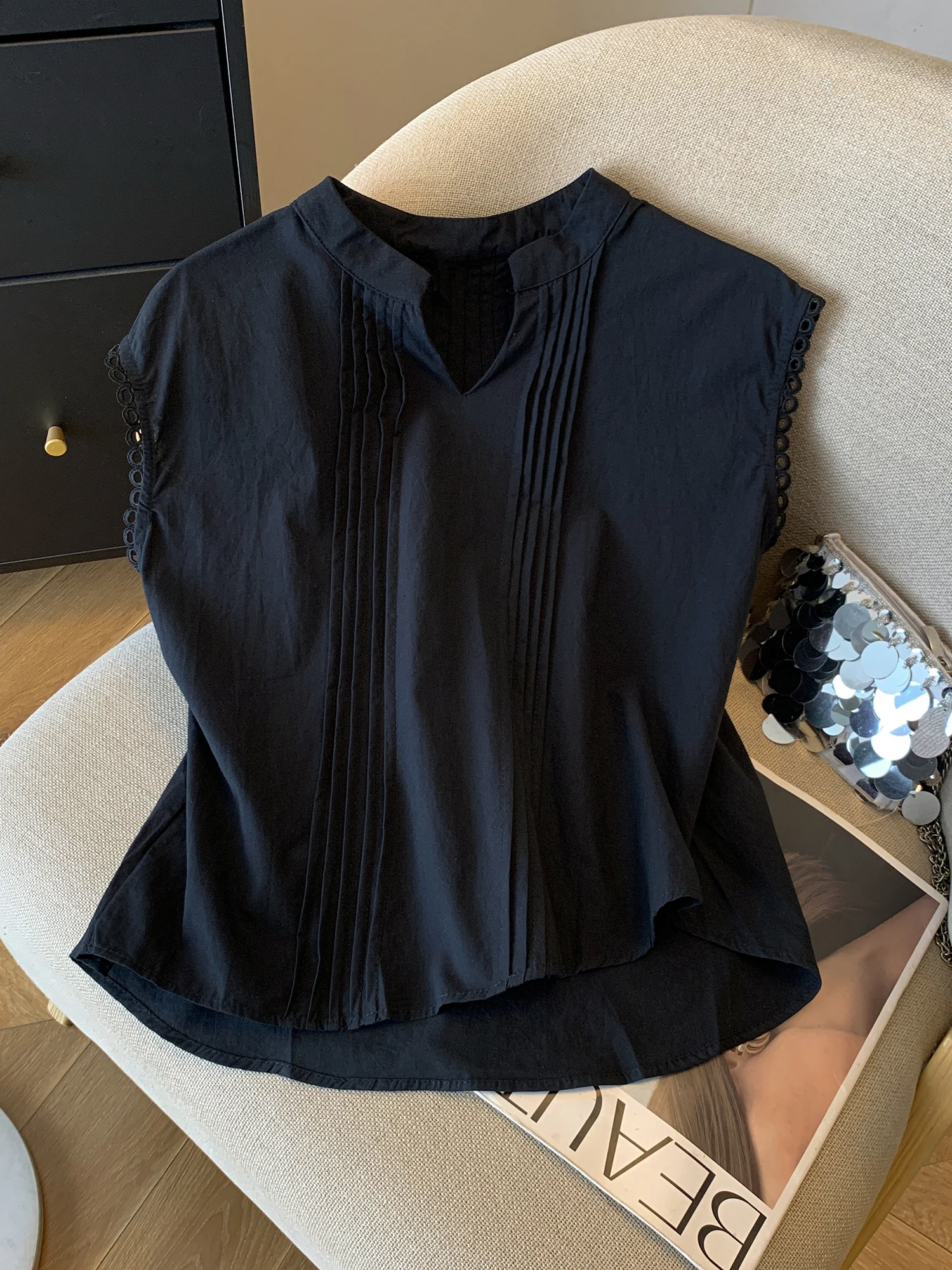 Design Sensation Plissee Rüschen V-ne Svel Leinen Damen Sommer Neue Sle Pendeln Vielseitige irt Flachs Top