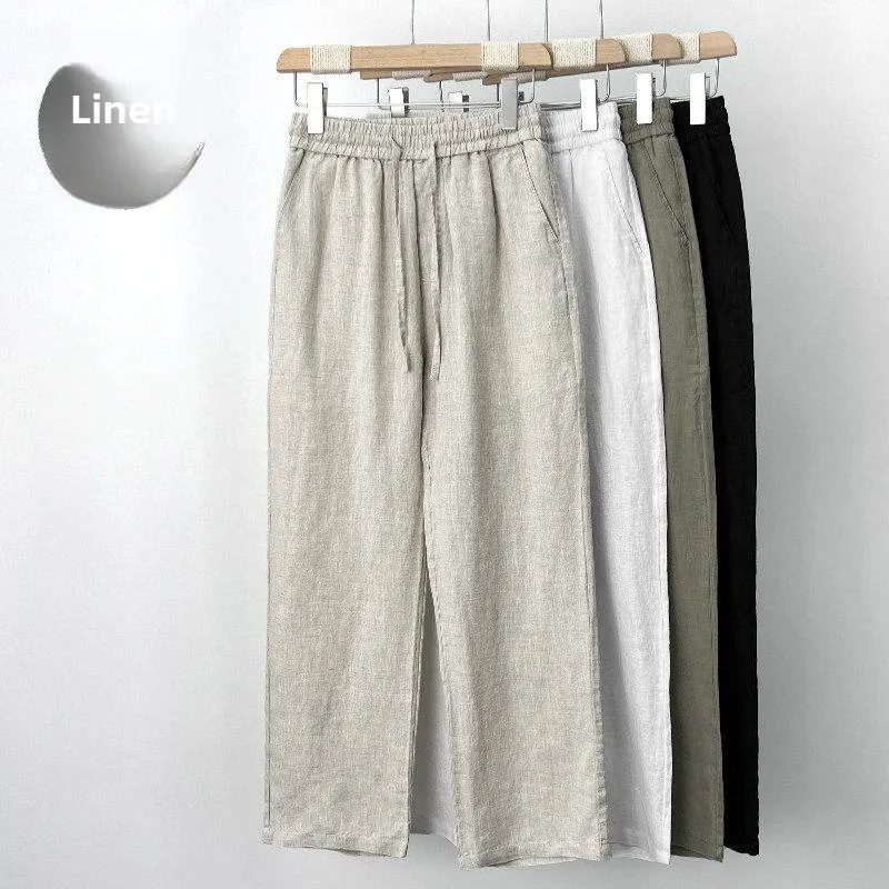 High-End Pure Linen Men's Summer Thin Cotton Linen Casual Pants Loose Straight Leg Long Trousers Linen Men's Pants