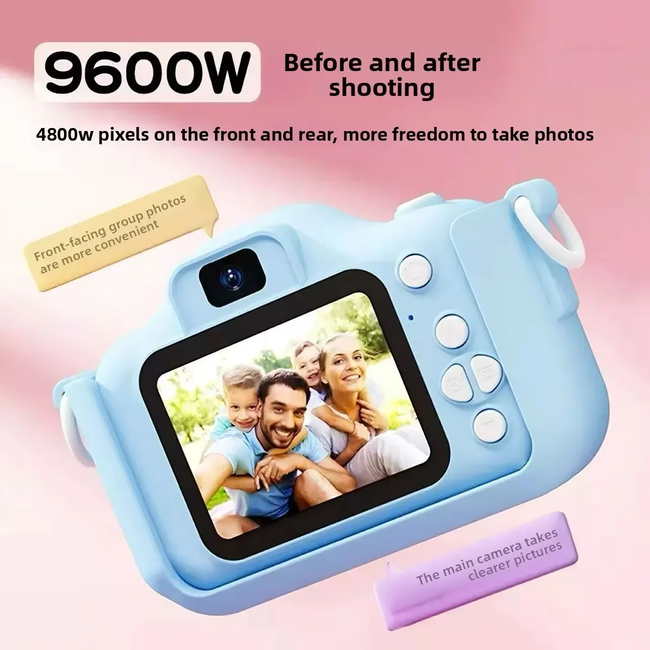 New Cartoon Kids Camera Blue/Pink Long-Eared Rabbit HD Dual Cameras Auto Focus with Lanyard Anti-Lost Rich Details Wide Angles