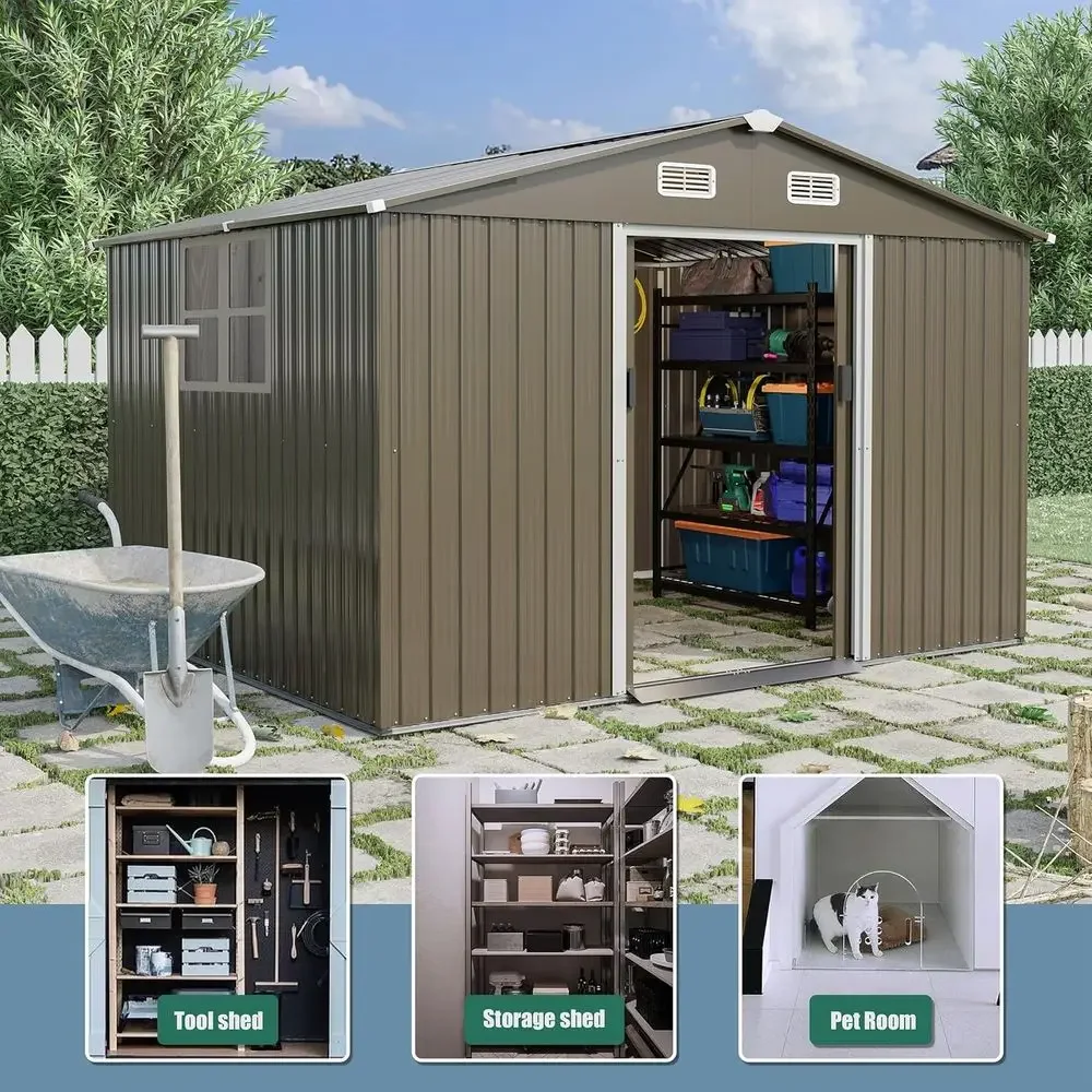 10T x 8T Outdoor Metal Storage Shed with Lockable Door, Sliding Door, and Air Vents for Gardening and Lawn Tools view 6