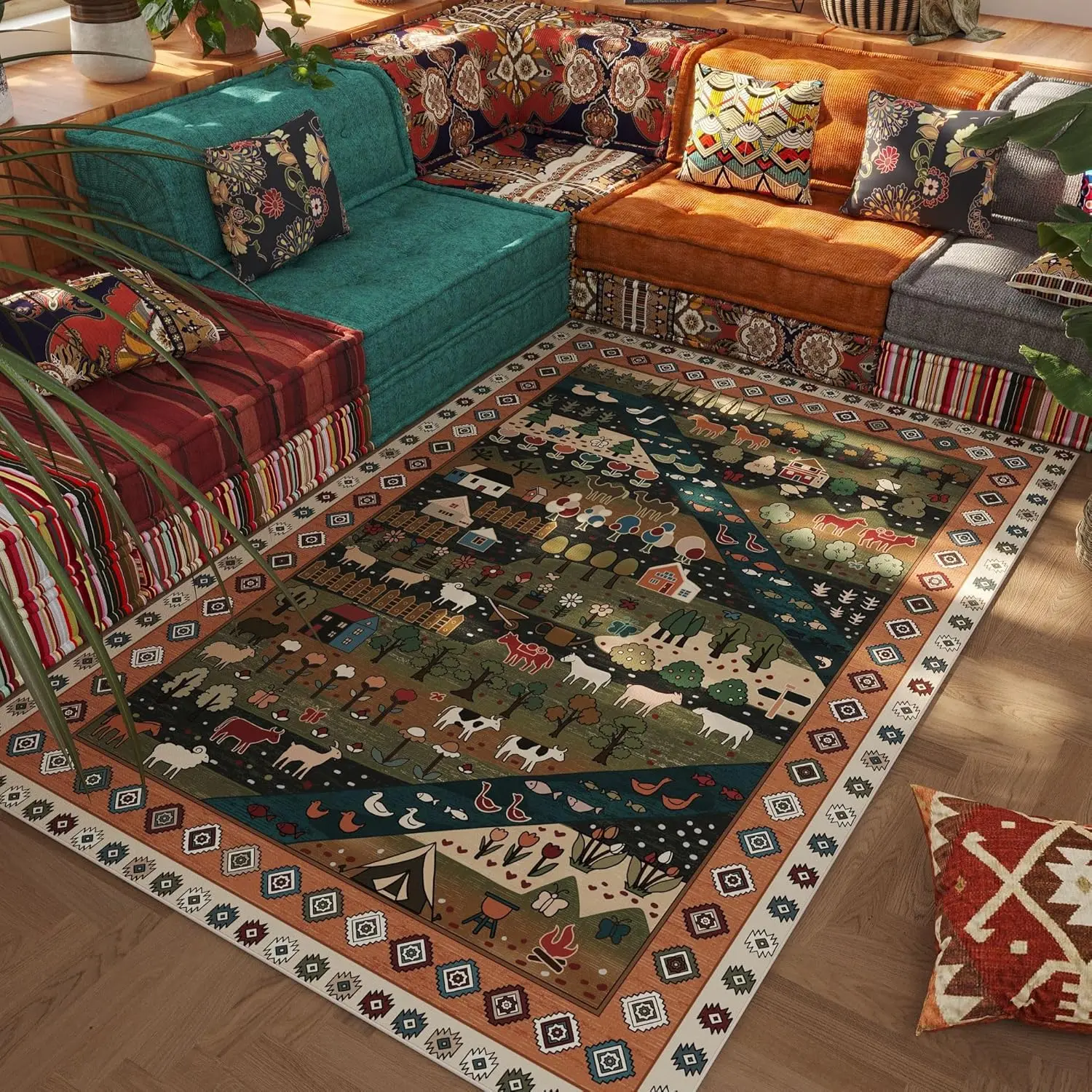 Bedroom Rug Rug Washable Area Rug Non Slip Low Pile Nomadic Animal Small Carpet for Bedroom, Bedside,Kitchen,Entryway, Kids Room