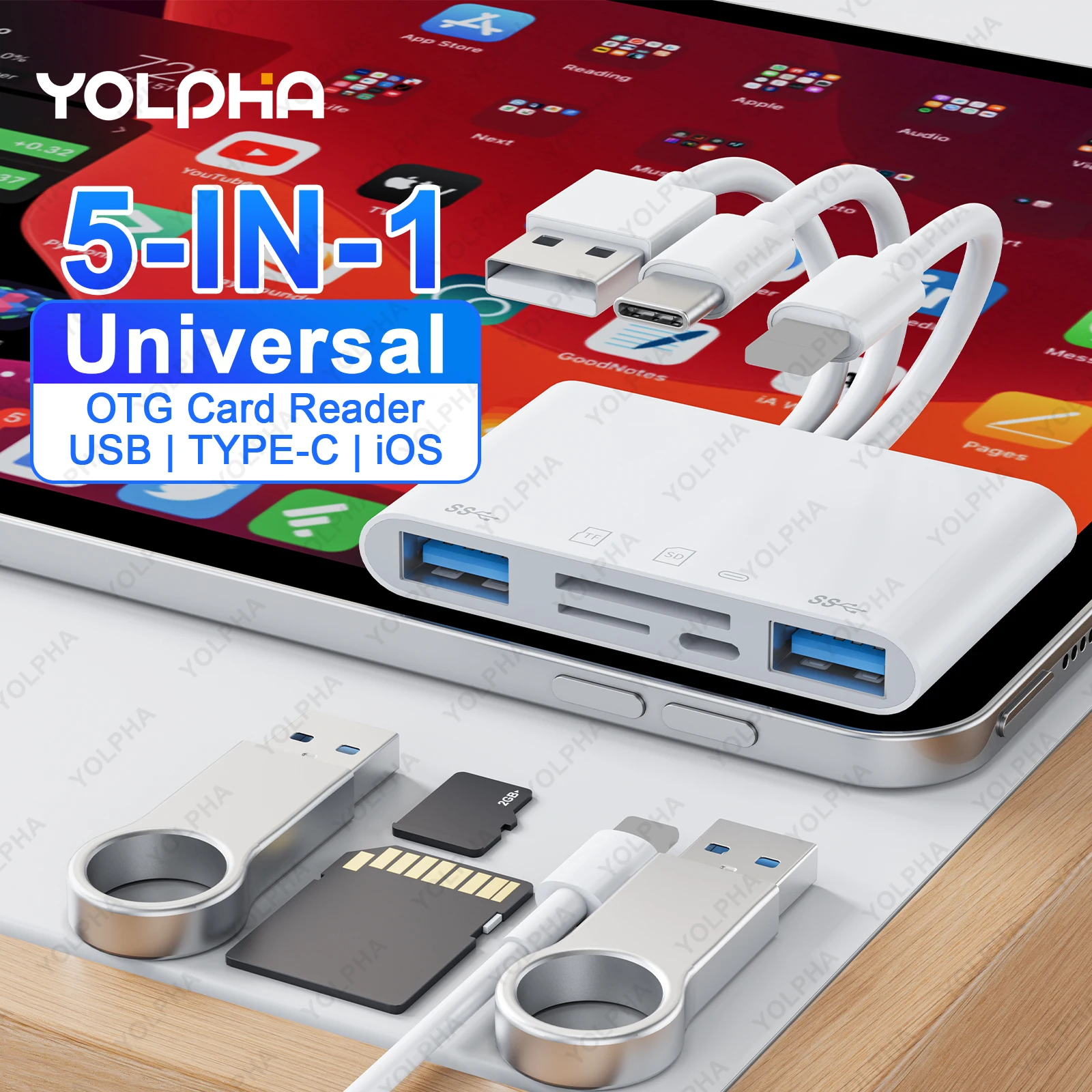 5in1 Memory Card Reader USB OTG SD Reader for iPhones iPads USB C A Devices Micro SD SD Slots support SD Micro SD SDHC SDXC MMC