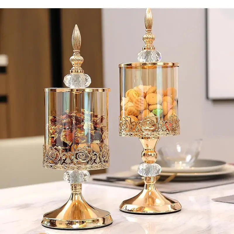 

European Crystal Glass Storage Jar with Lid Luxury Rose Candy Jar Gold-plated Storage Decorative Ornaments Art Home Decoration