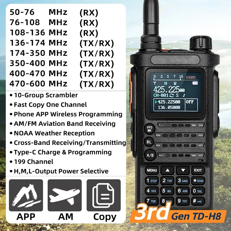 TD-H8 10W Long Range Walkie Talkie AM FM Two Way Radio BT Program VHF UHF Ham Radio 199CH NOAA Airband Outdoor Transceiver