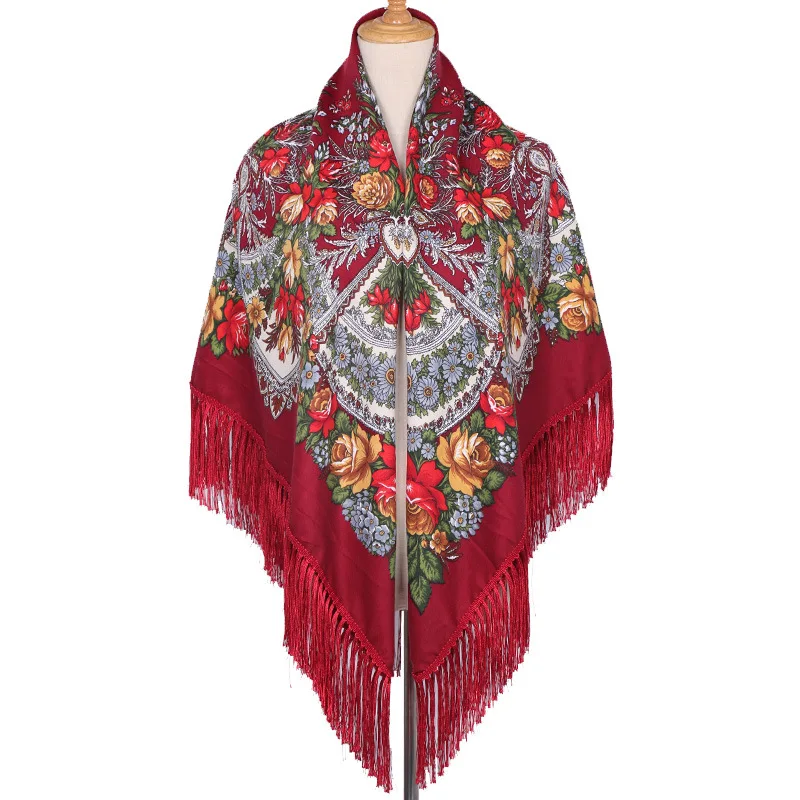 Bohemian Shawl Women Scarf Square Autumn and Winter Warm Cloak Printed Tassel Headscarf Retro Blanket Large Size Bufanda