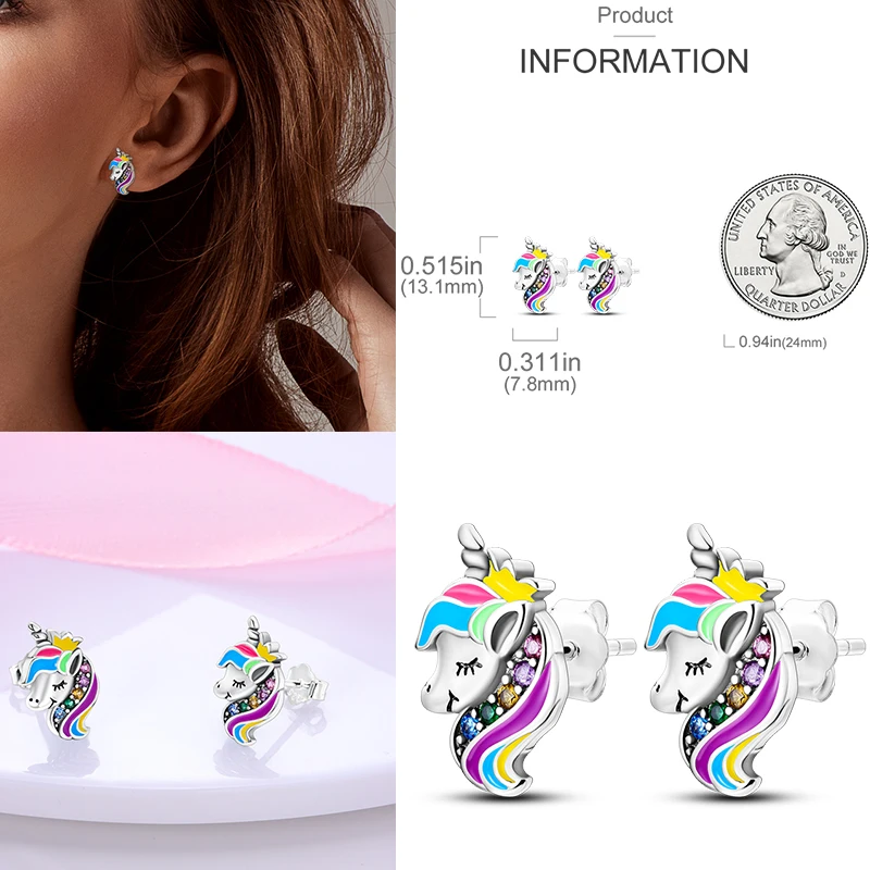 New 925 Silver Chameleon Unicorn Cute Stud Earrings Zircon Blue Eyes Flower Small Earrings For Women Girls Lovely Jewelry Gift