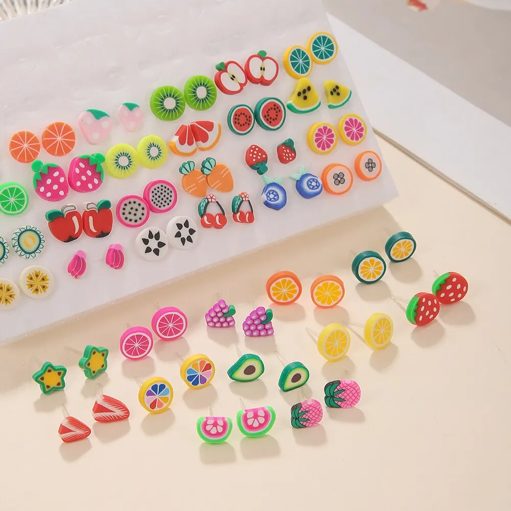 Trendy 36Pairs/lot Women Fruit Animal Stud Earrings Set New Fashion Resin Colorful Multi-style Party Birthday Gifts Female Ear