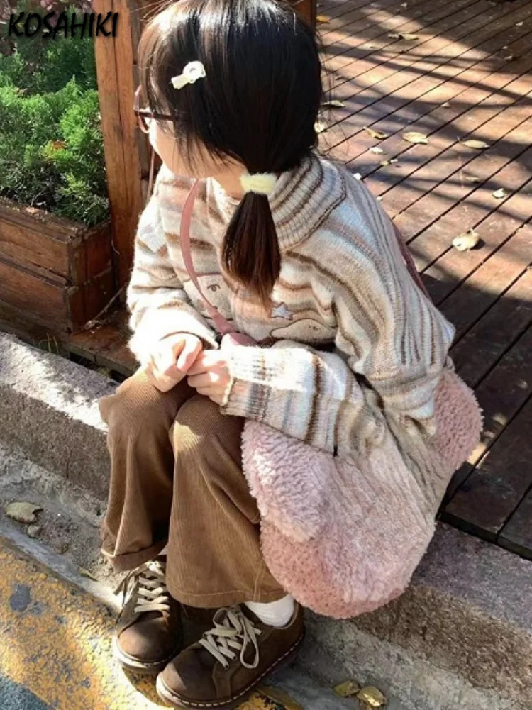 Y2k Aesthetic Japanese Knit Cardigan Kawaii Dog Embroidery Harajuku  Femme Striped Preppy Autumn Zipper y Womens