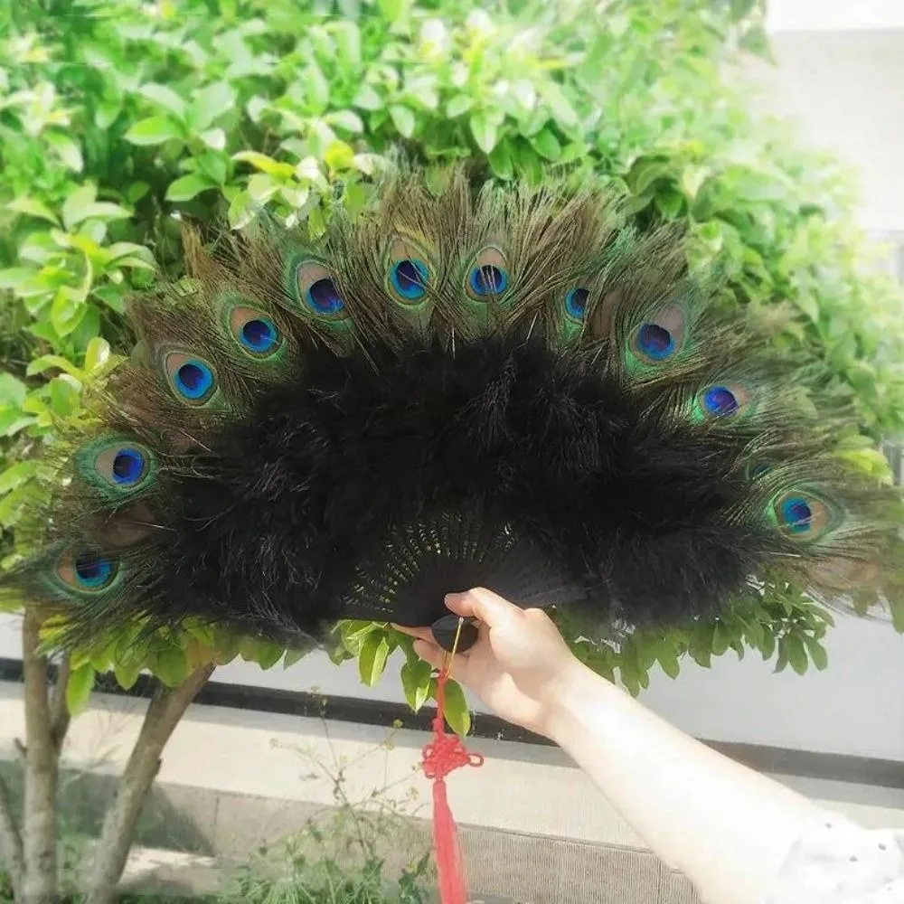 Ancient Style Large Peacock Fur Fan Multicolors 65cm Cheongsam Show Live Fan Square Dance Performance Fan