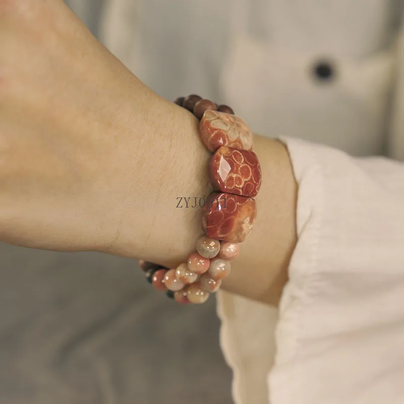 H Personalisierter Ethno-Stil Sandelholz Korallenstein Handreihe Schmuck Herren handgemachtes Design Doppelschicht-Armband Damen