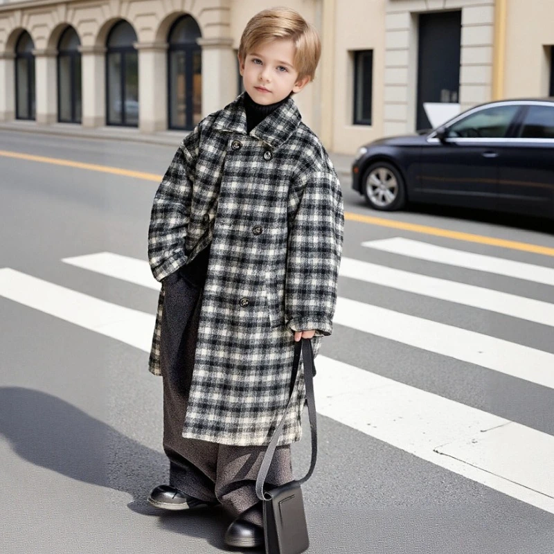 

Зимнее твидовое пальто для мальчиков, плотное длинное детское клетчатое пальто для подростков, шерстяная куртка в британском стиле, школьная теплая подкладка, детская верхняя одежда 13 лет
